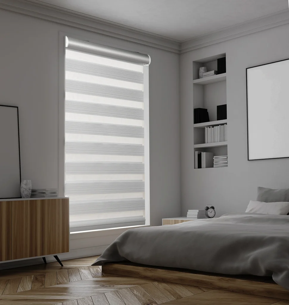 Computer illustration of a ShadeForge zebra shade in a bedroom window, shown closed, open and rolled part way up